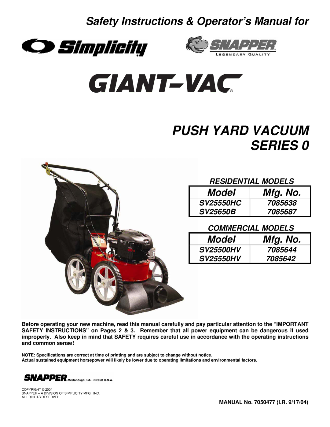 Snapper SV25500HV, ESV25550HV, SV25550HC, SV25650B important safety instructions Push Yard Vacuum Series 