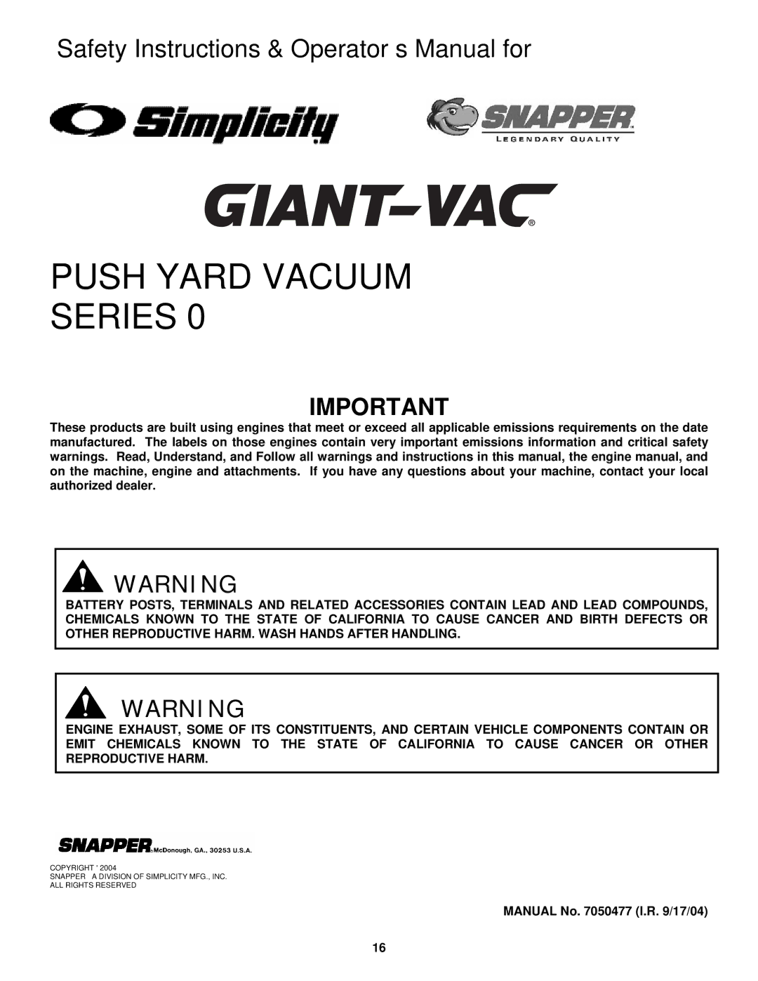 Snapper SV25500HV, ESV25550HV, SV25550HC, SV25650B, SV25650B, ESV25650B, SV25550HV Push Yard Vacuum Series 