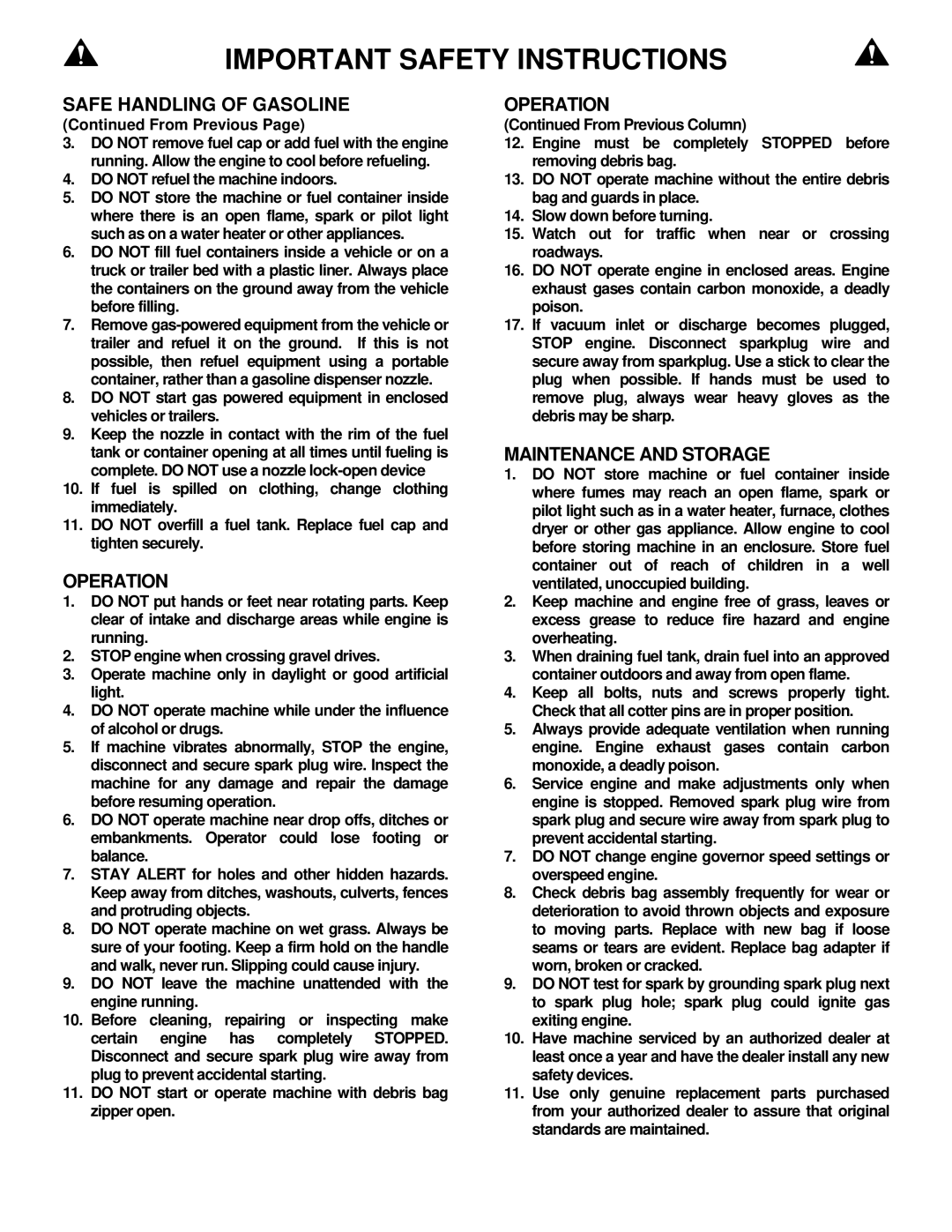 Snapper SV25650B, ESV25650B, SV25550HV, SV25500HV, ESV25550HV, SV25550HC, SV25650B important safety instructions Operation 