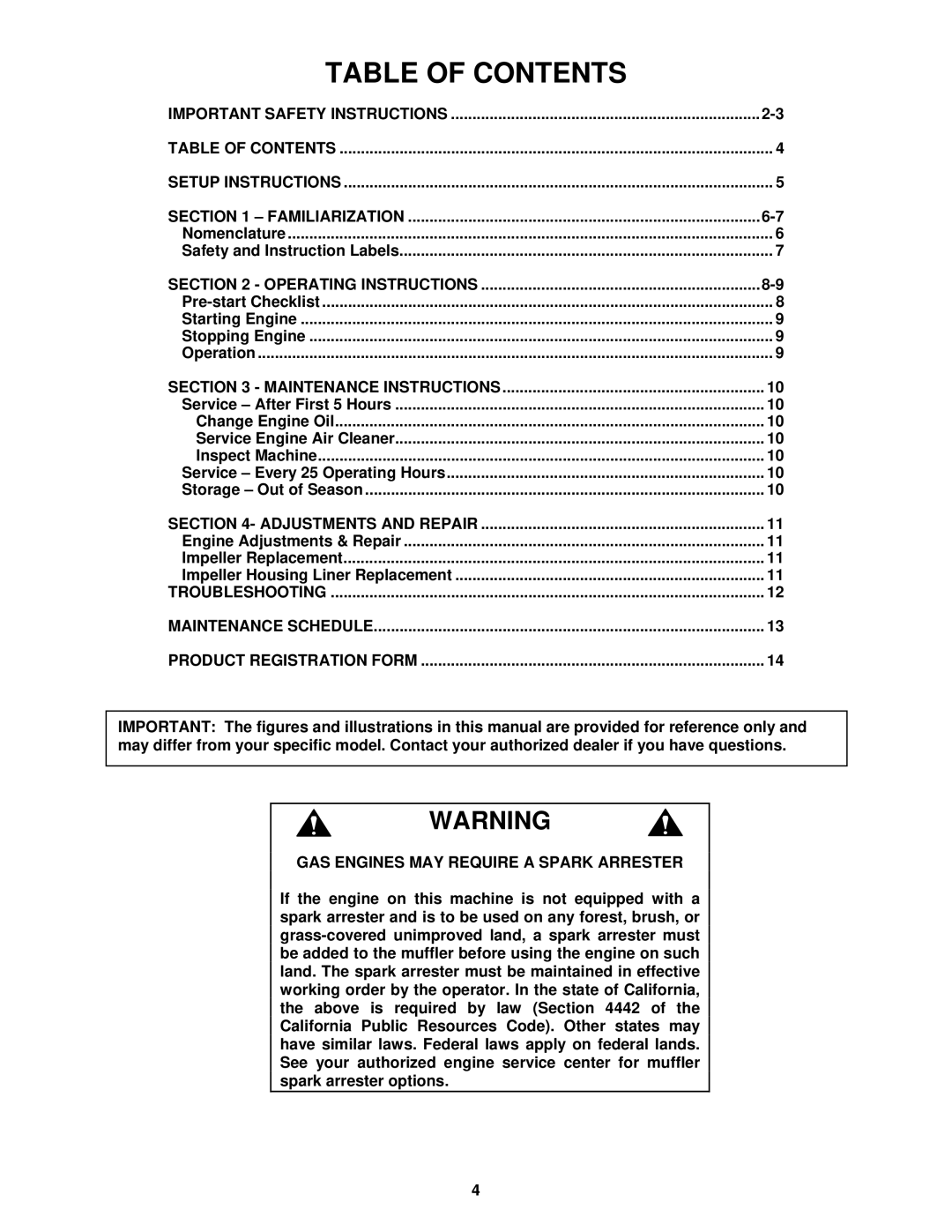 Snapper SV25650B important safety instructions Table of Contents 