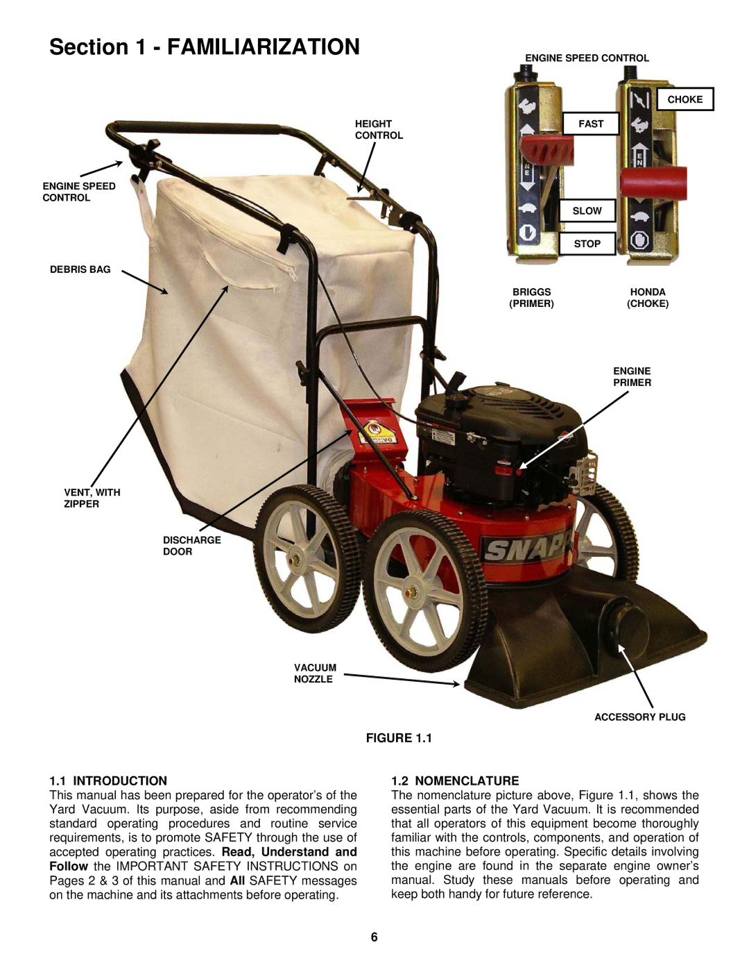 Snapper SV25650B important safety instructions Familiarization, Introduction, Nomenclature 