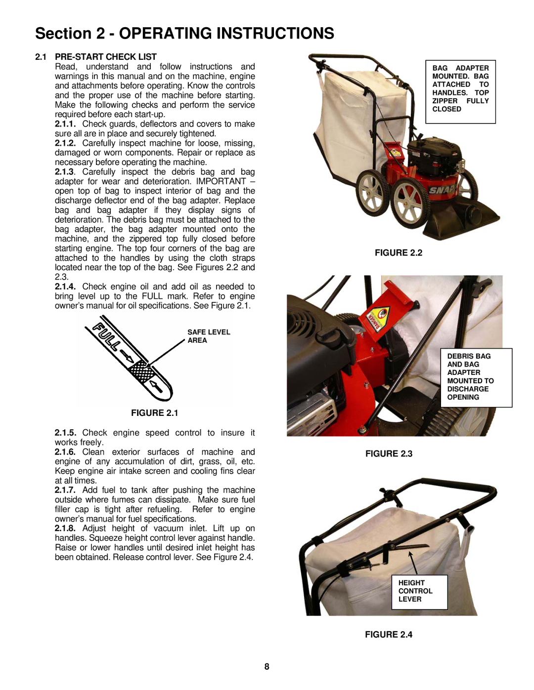 Snapper SV25650B important safety instructions Operating Instructions, PRE-START Check List 