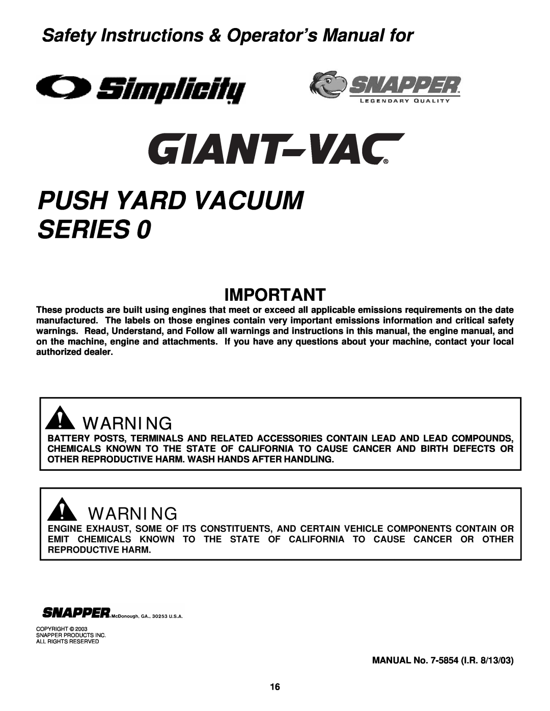 Snapper SV25650B important safety instructions Push Yard Vacuum Series, Safety Instructions & Operator’s Manual for 