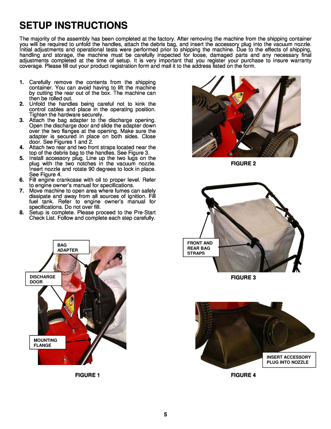 Snapper SV25650B Setup Instructions, Bag Adapter Discharge Door Mounting Flange, Front And Rear Bag Straps 