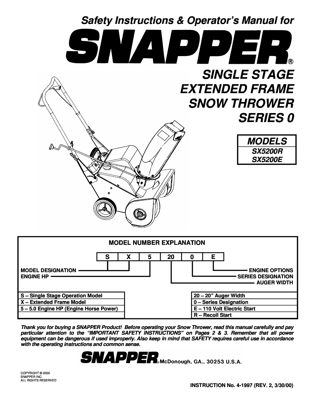 Snapper SX5200R, SX5200E important safety instructions Single Stage Extended Frame Snow Thrower Series, Models 