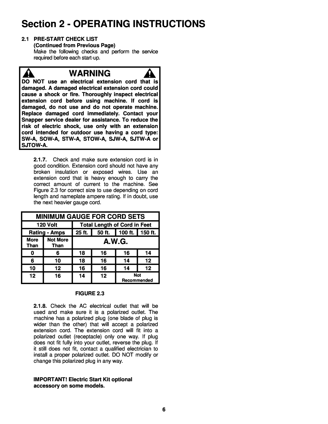 Snapper SX5200R, SX5200E important safety instructions A.W.G, Minimum Gauge For Cord Sets, Operating Instructions 