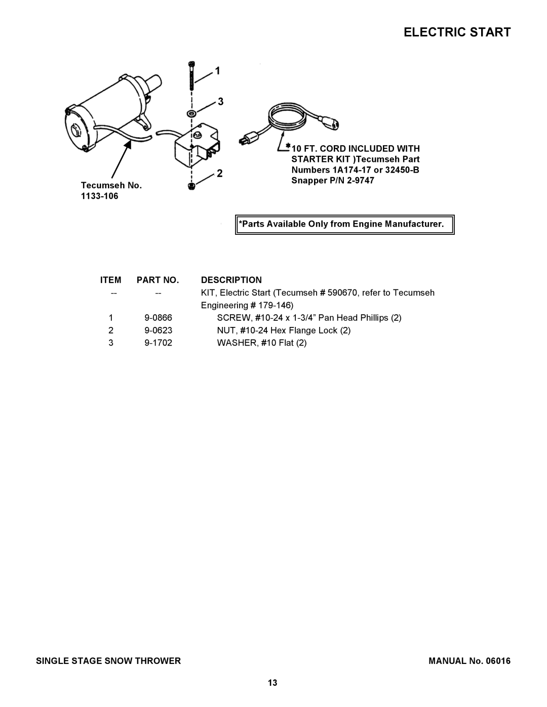 Snapper SX5200E, SX5200R manual Electric Start, 10 FT. Cord Included with 