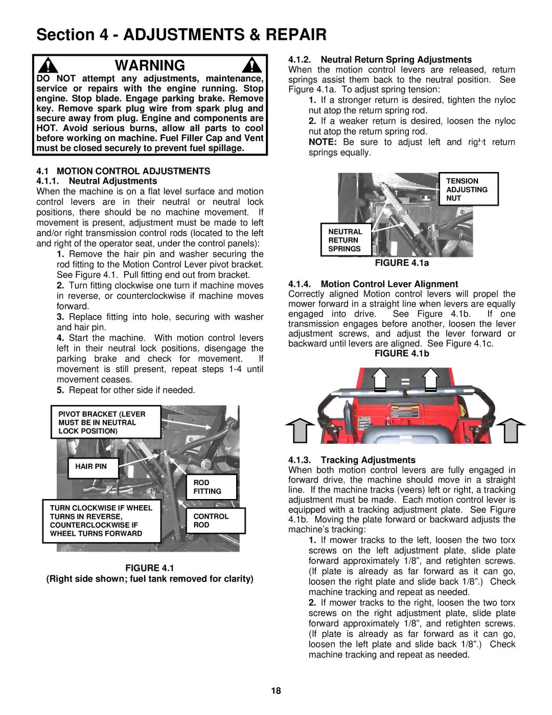 Snapper SZT18386BVE Motion Control Adjustments, Neutral Adjustments, Motion Control Lever Alignment, Tracking Adjustments 