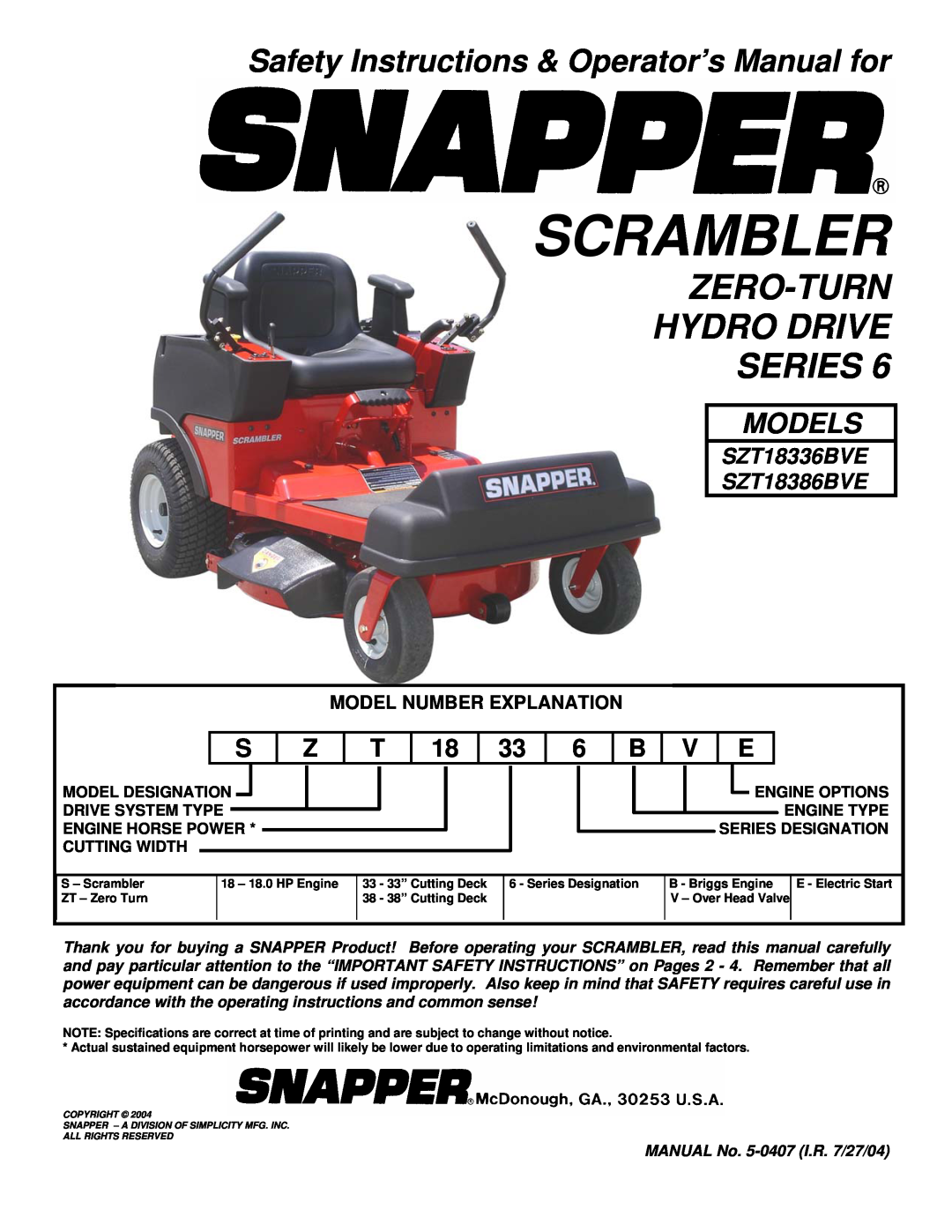 Snapper SZT18336BVE important safety instructions Safety Instructions & Operator’s Manual for, Scrambler, Models 
