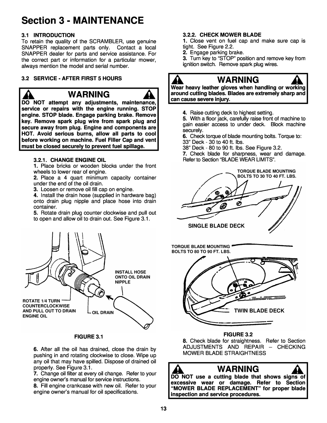 Snapper SZT18336BVE, SZT18386BVE important safety instructions Maintenance 
