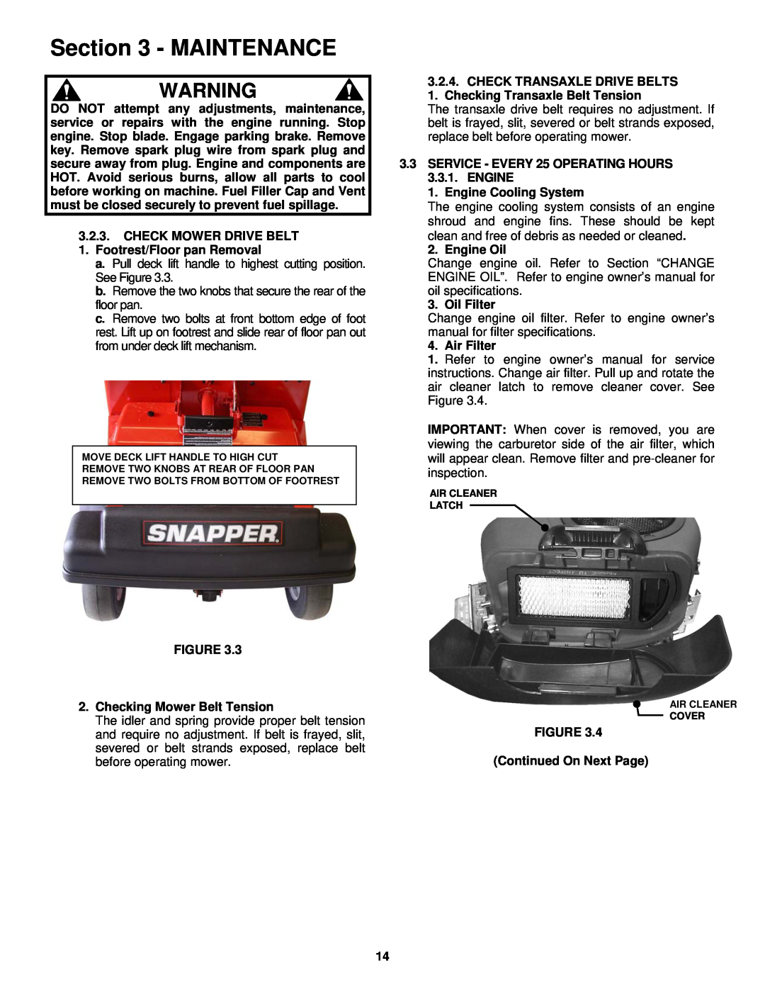 Snapper SZT18386BVE, SZT18336BVE important safety instructions Maintenance, Checking Mower Belt Tension 