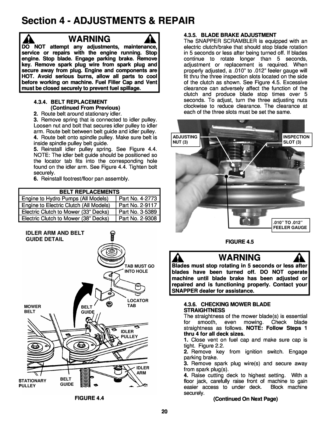 Snapper SZT18386BVE, SZT18336BVE important safety instructions Adjustments & Repair, Belt Replacement 