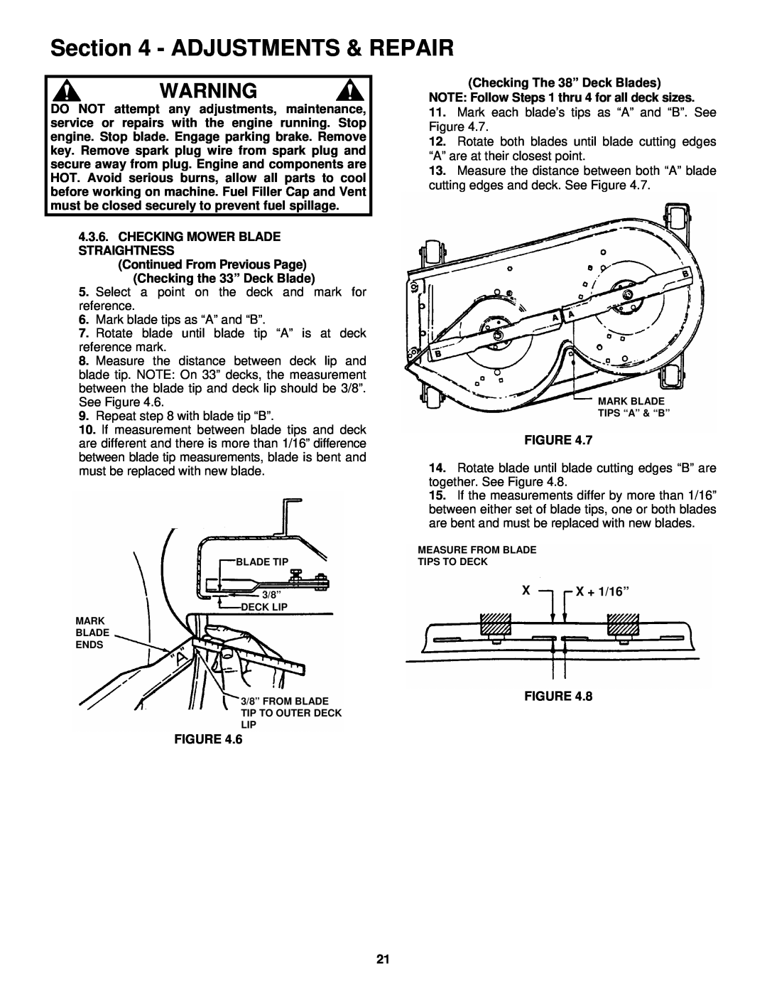Snapper SZT18336BVE, SZT18386BVE important safety instructions Adjustments & Repair, Checking Mower Blade Straightness 