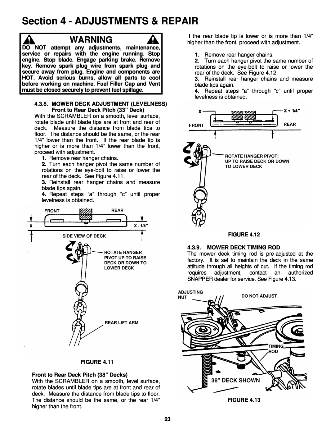 Snapper SZT18336BVE Adjustments & Repair, FIGURE Front to Rear Deck Pitch 38” Decks, 3.9.MOWER DECK TIMING ROD 