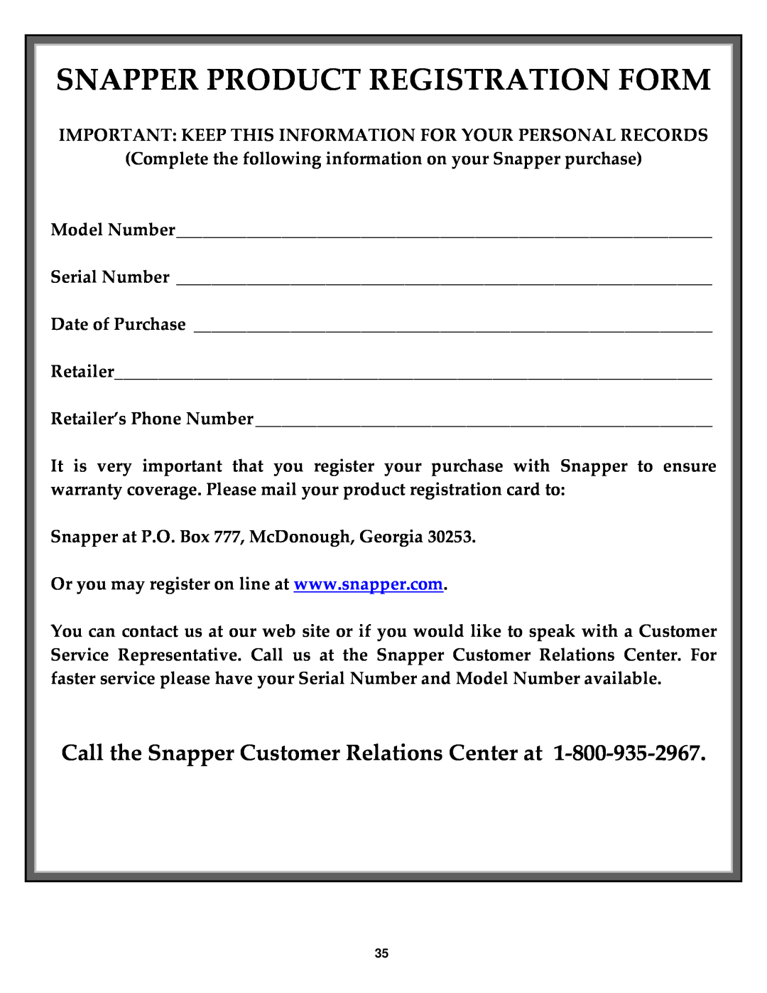 Snapper SZT18336BVE, SZT18386BVE Snapper Product Registration Form, Call the Snapper Customer Relations Center at 
