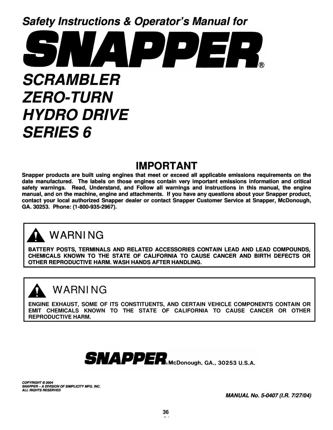 Snapper SZT18386BVE, SZT18336BVE Scrambler Zero-Turn Hydro Drive Series, Safety Instructions & Operator’s Manual for 