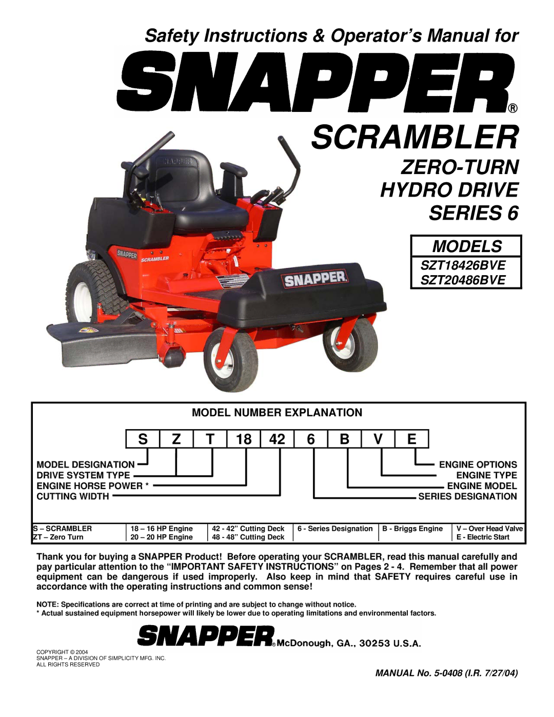 Snapper SZT18426BVE, SZT20486BVE important safety instructions Scrambler 