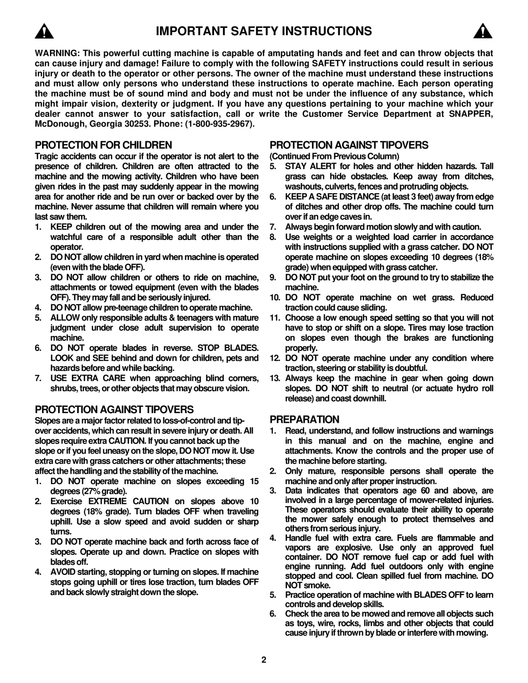 Snapper SZT18426BVE, SZT20486BVE important safety instructions Important Safety Instructions, From Previous Column 