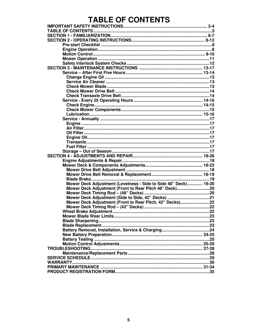 Snapper SZT18426BVE, SZT20486BVE important safety instructions Table of Contents 