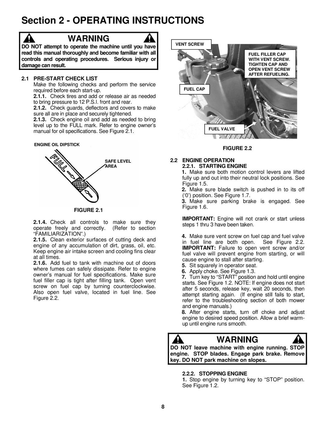 Snapper SZT18426BVE, SZT20486BVE PRE-START Check List, Engine Operation 2.2.1. Starting Engine, Stopping Engine 