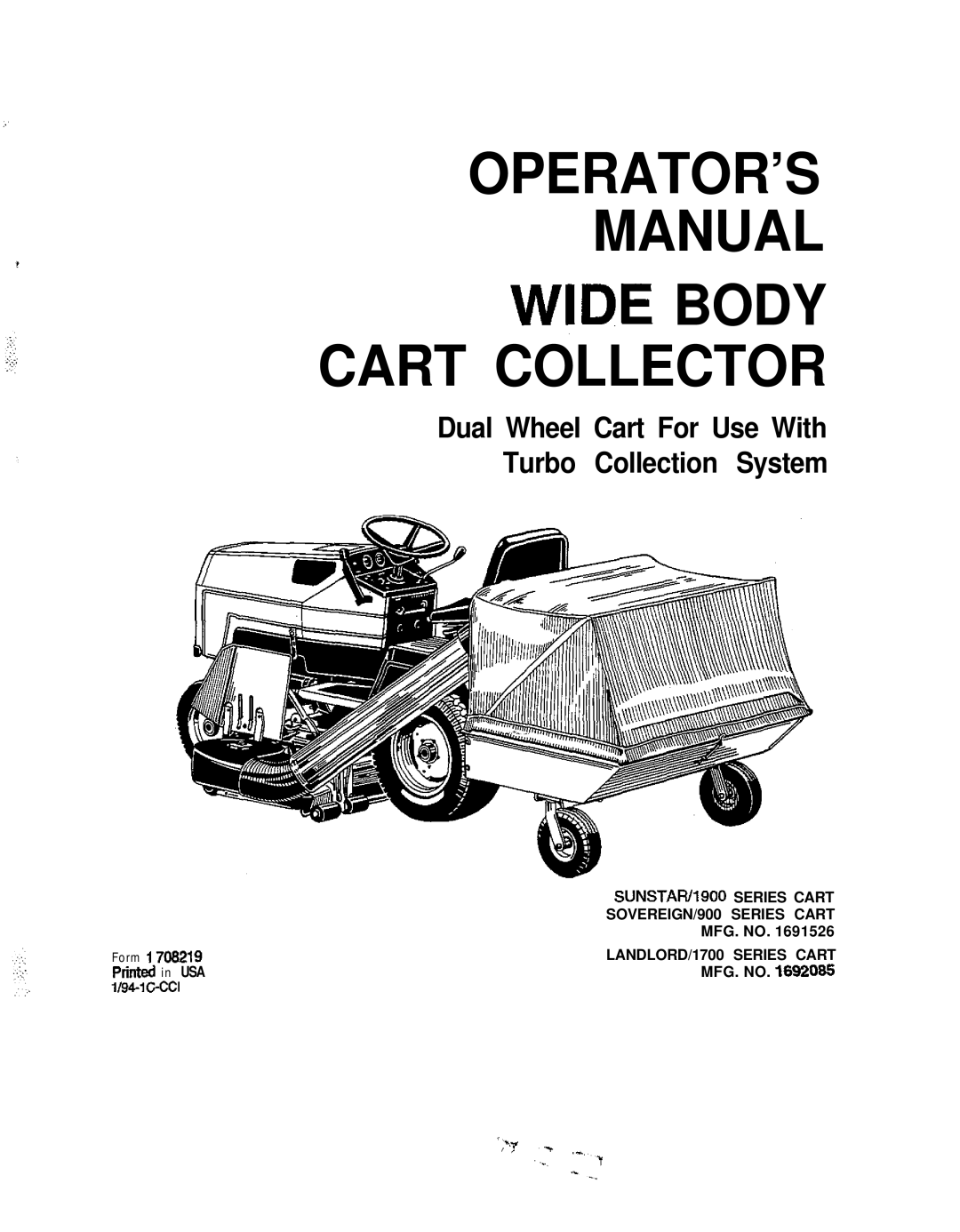 Snapper TP 100-400 manual Wide Body Cart Collector, MFG. no 