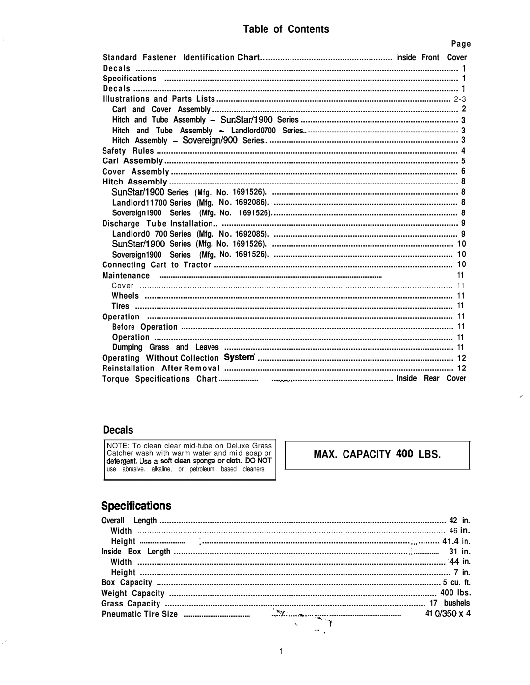 Snapper TP 100-400 manual Table of Contents, Decals 