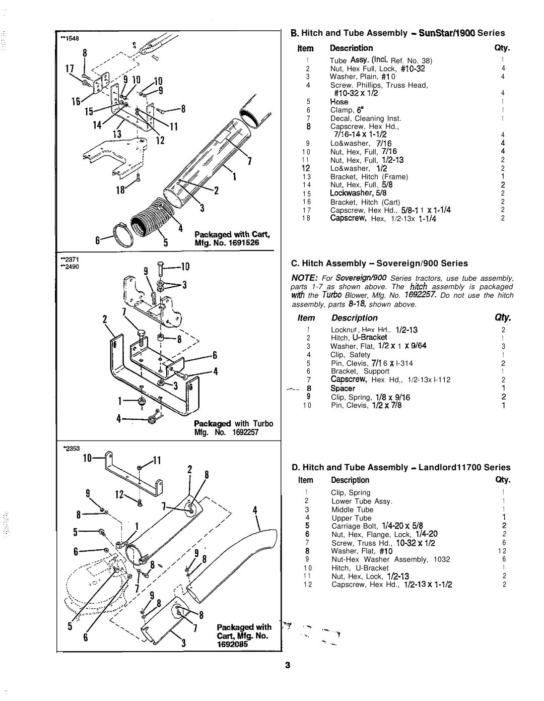 Snapper TP 100-400 manual Hitch Assembly Sovereign/900 Series, Hitch and Tube Assembly Landlord11700 Series Description 