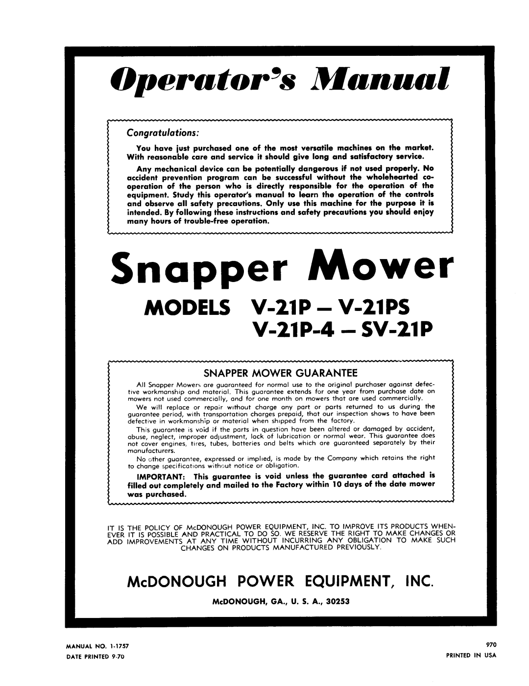 Snapper V-21P-4 manual 