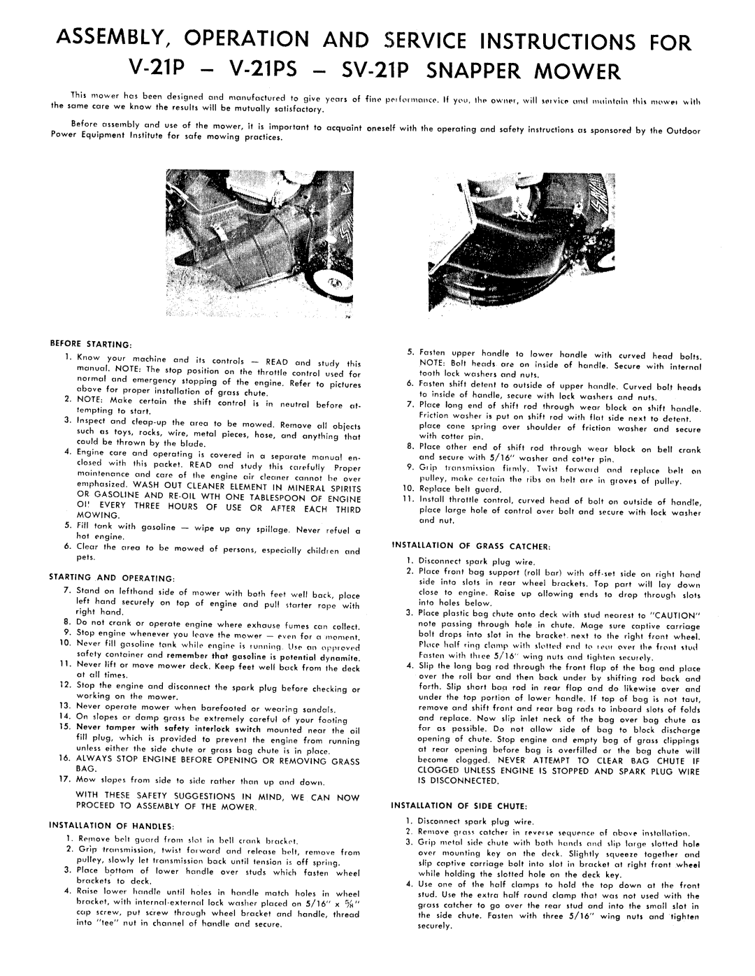Snapper SV-21P, V-21PS manual 
