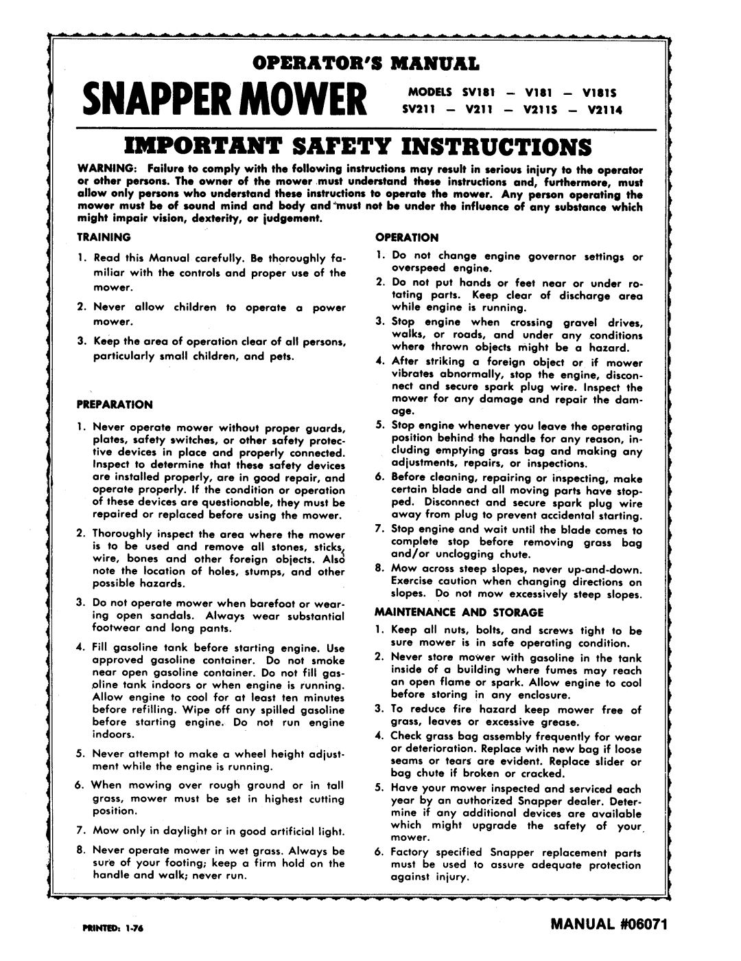 Snapper V1845, V2115 manual 