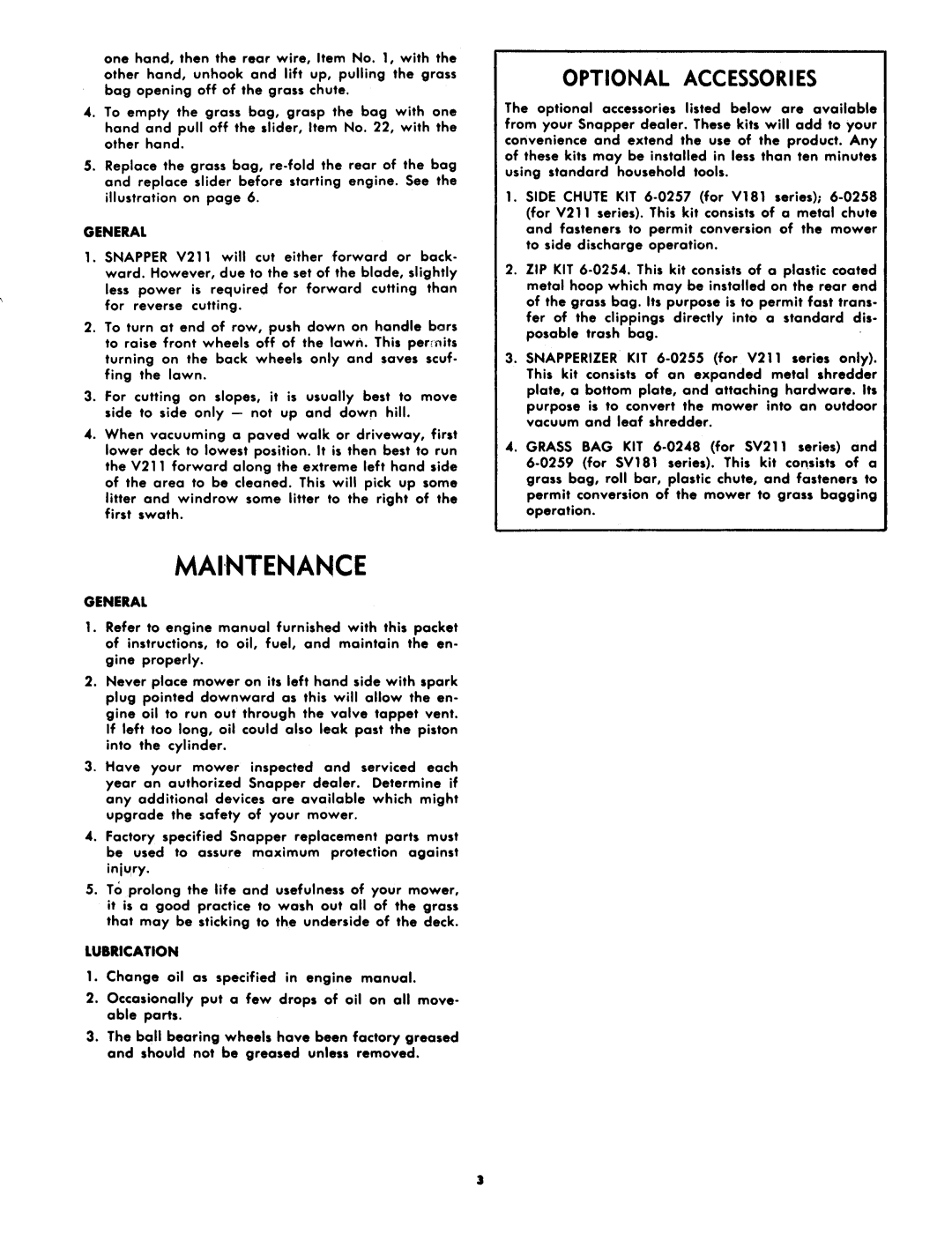 Snapper V1845, V2115 manual 