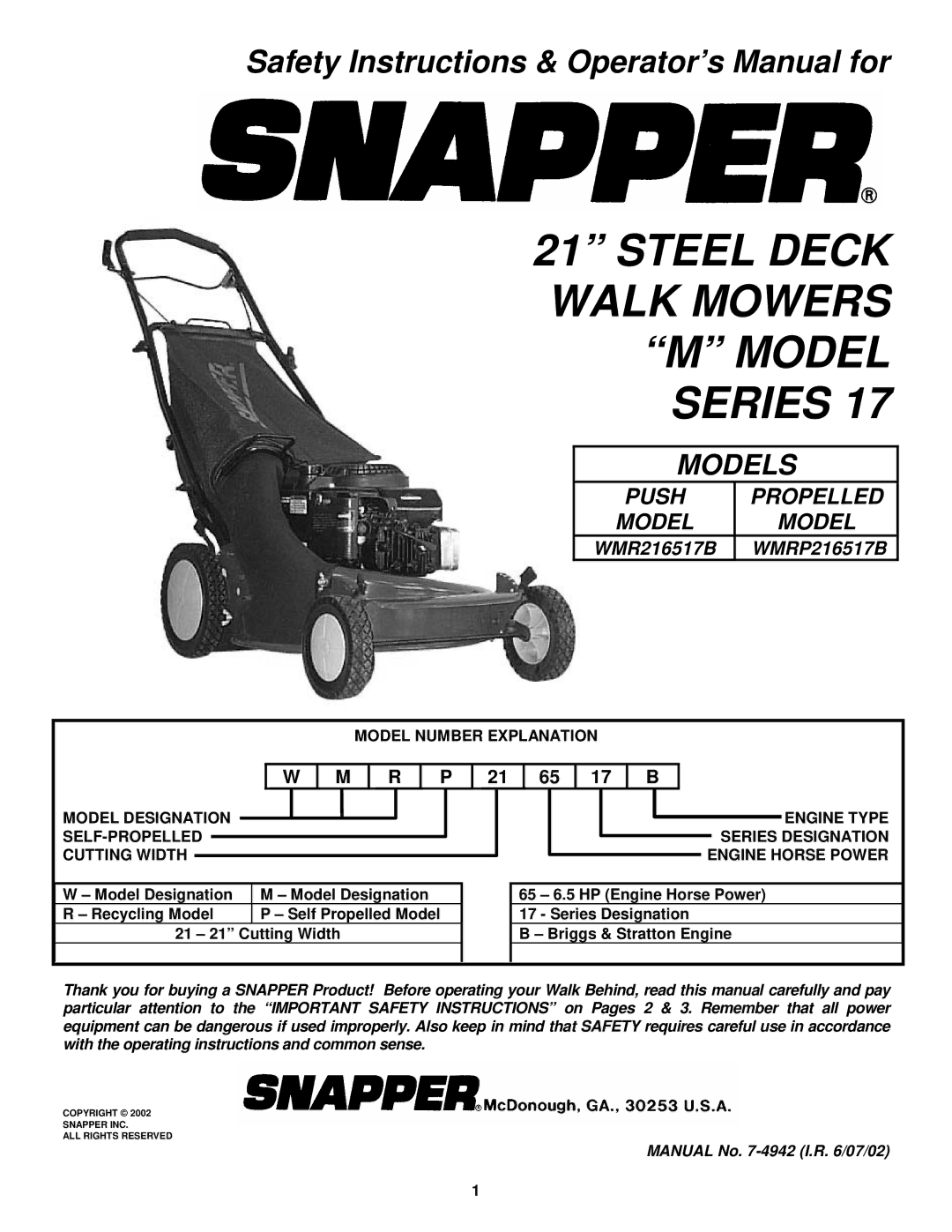 Snapper WMR216517B, WMRP216517B important safety instructions Steel Deck Walk Mowers M Model Series 