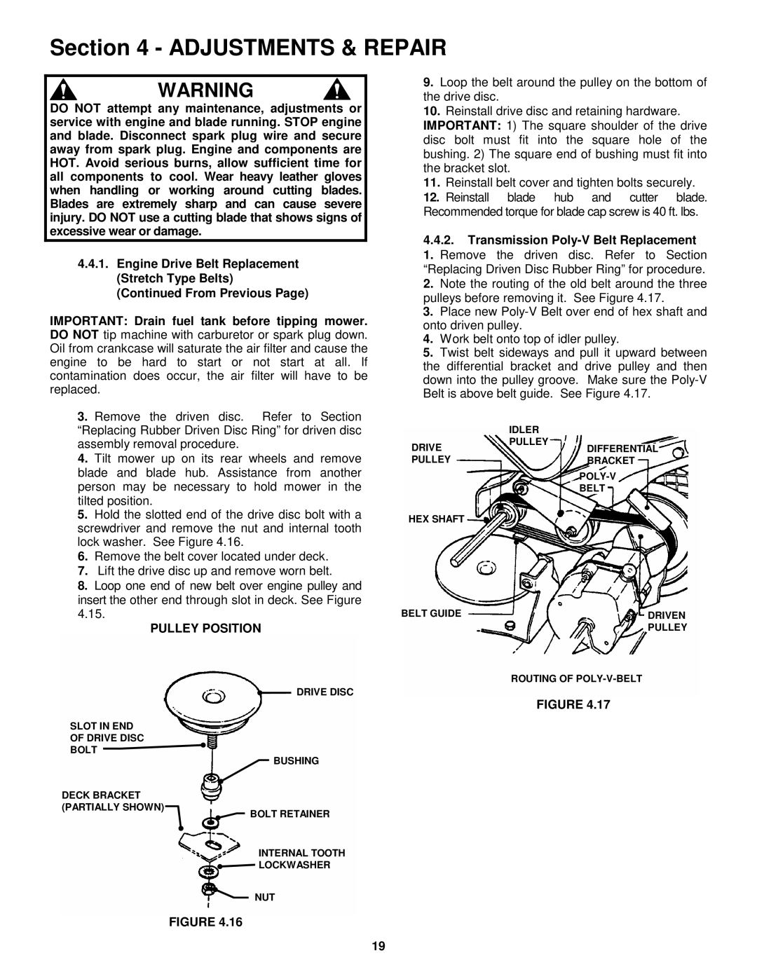 Snapper WMR216517B, WMRP216517B important safety instructions Pulley Position, Transmission Poly-V Belt Replacement 