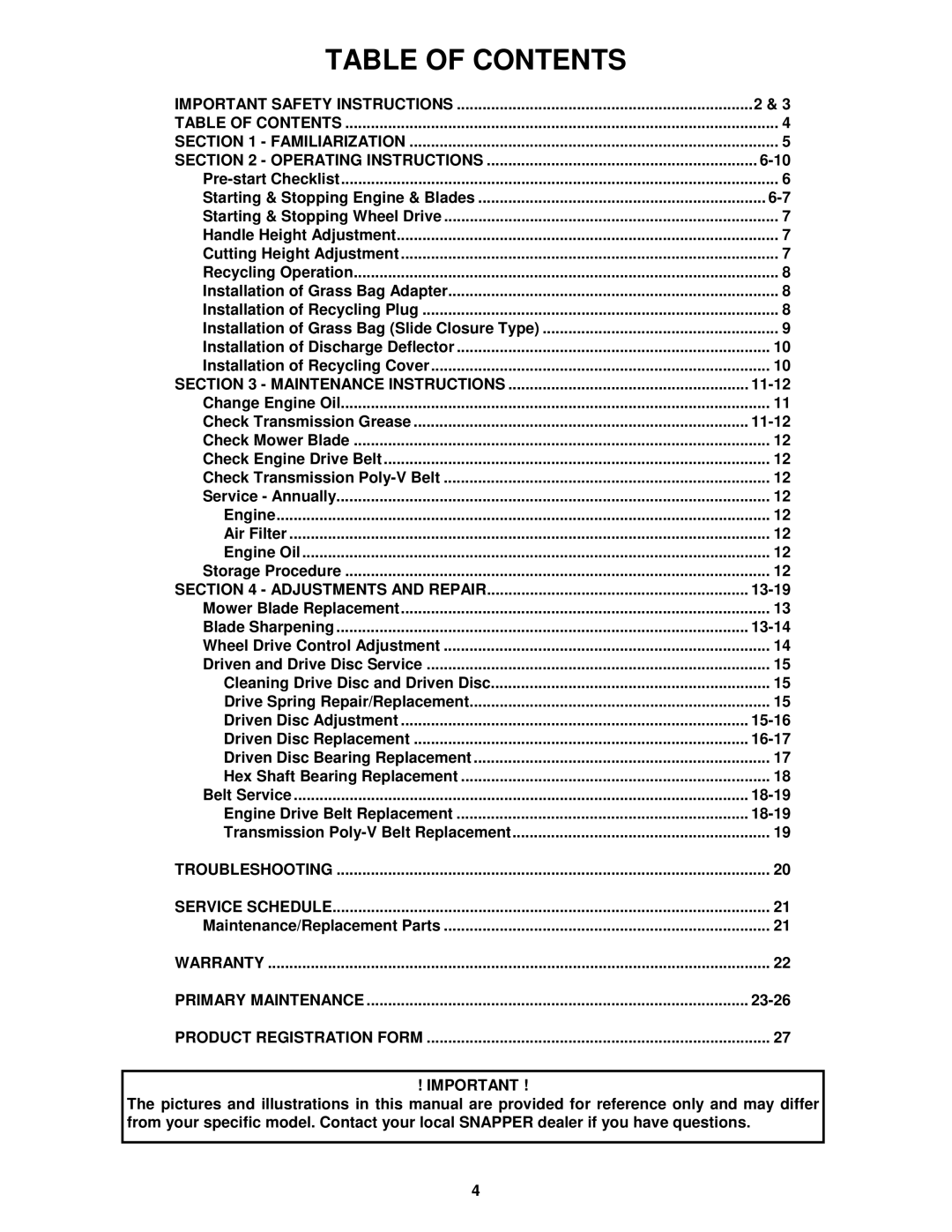 Snapper WMR216517B, WMRP216517B important safety instructions Table of Contents 