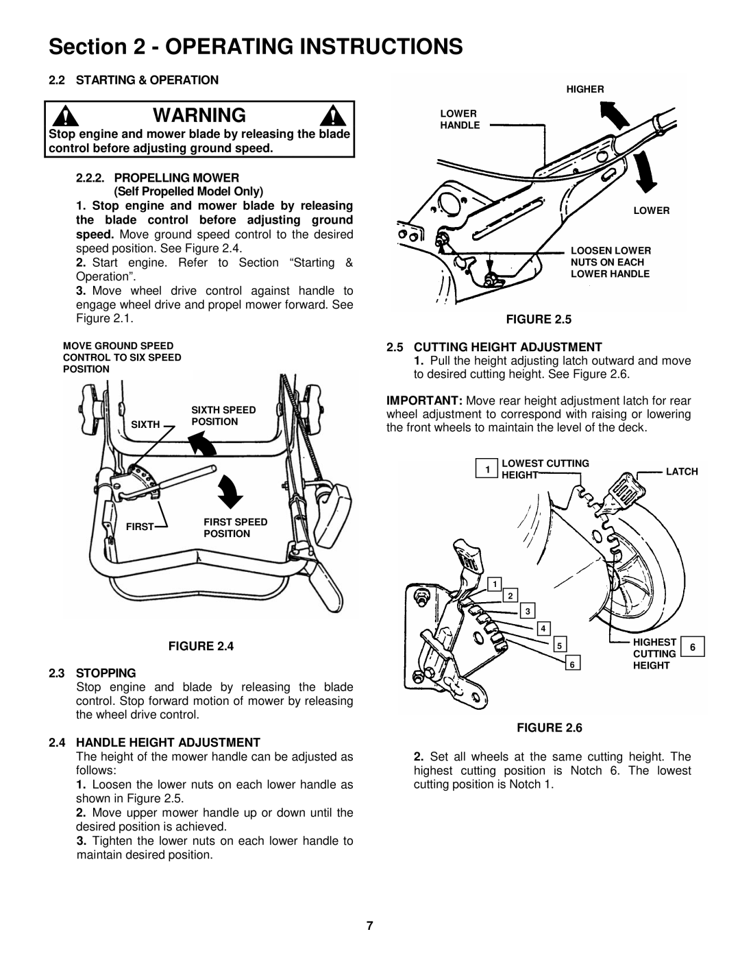 Snapper WMRP216517B Starting & Operation, Stopping, Handle Height Adjustment, Cutting Height Adjustment 