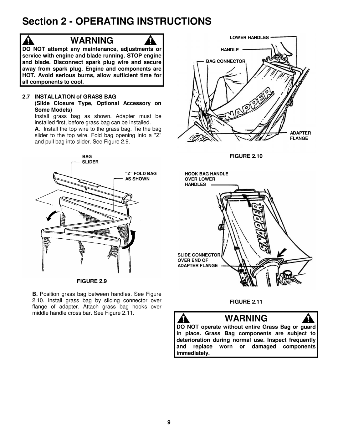 Snapper WMR216517B, WMRP216517B important safety instructions BAG Slider Fold BAG AS Shown 