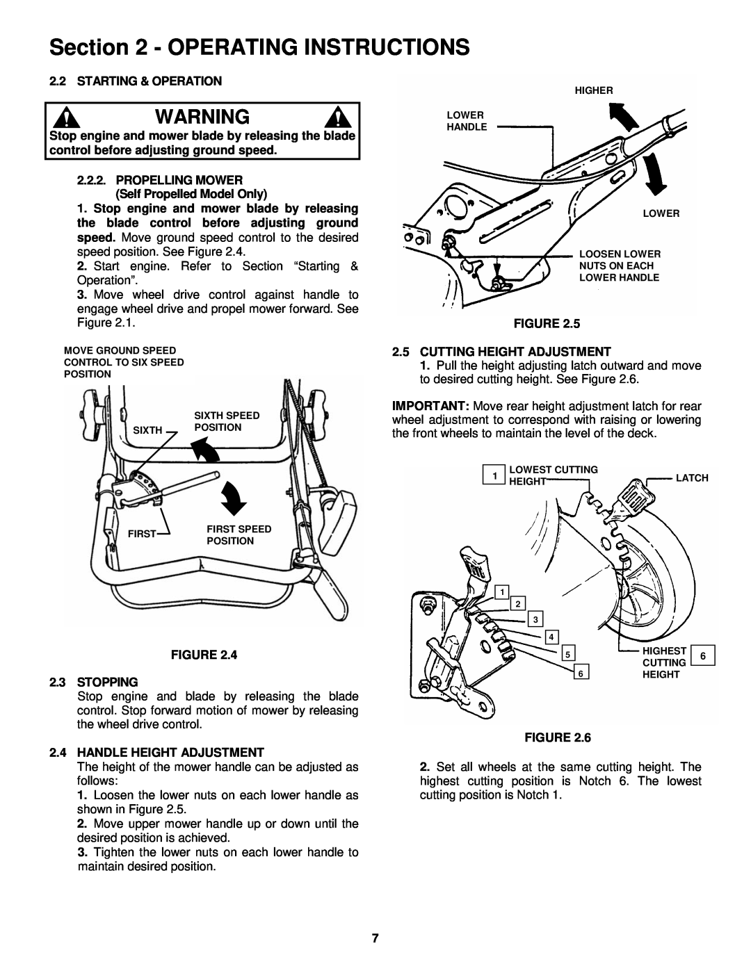 Snapper WMRP216517B Operating Instructions, Starting & Operation, Stopping, Handle Height Adjustment 
