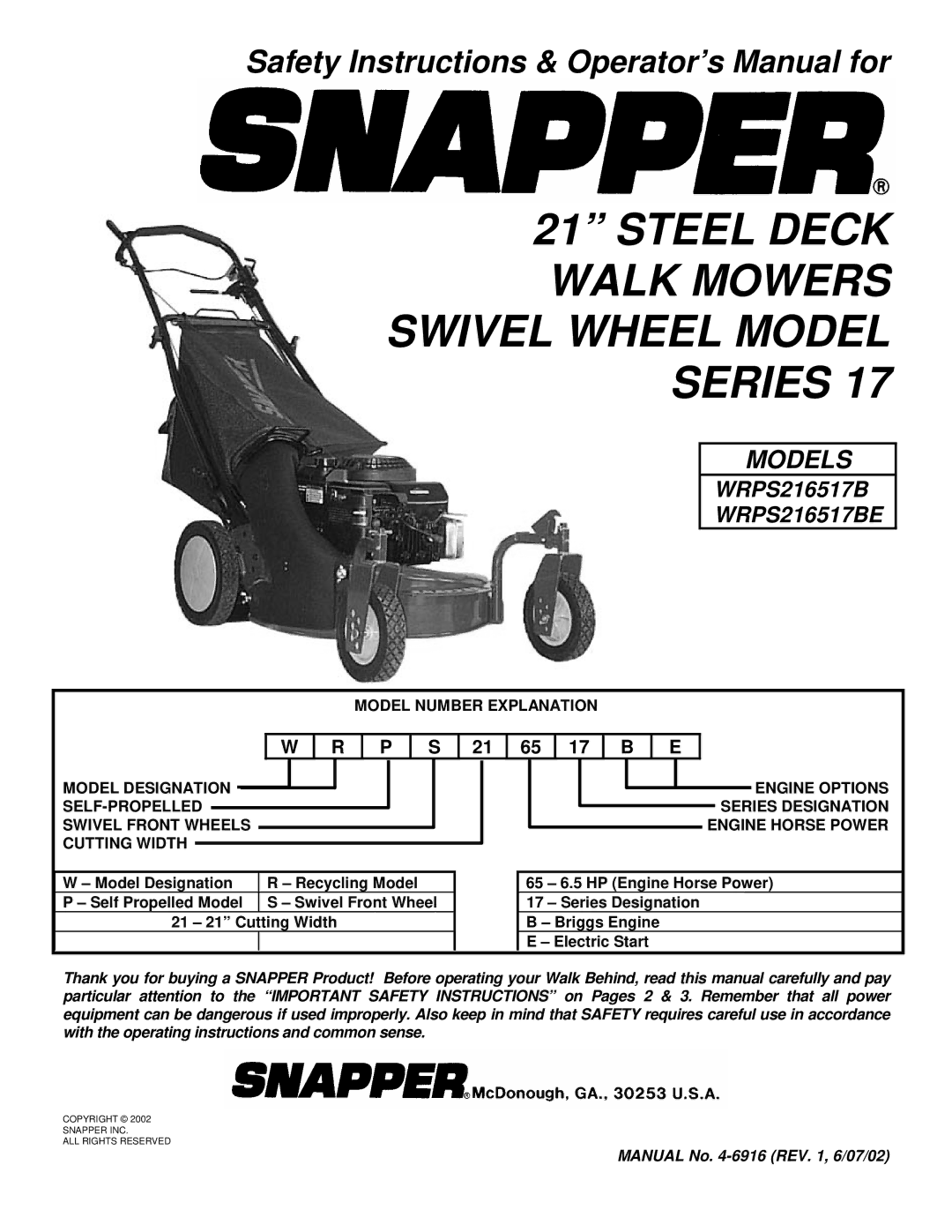 Snapper WRPS216517B, WRPS216517BE important safety instructions Steel Deck Walk Mowers Swivel Wheel Model Series 