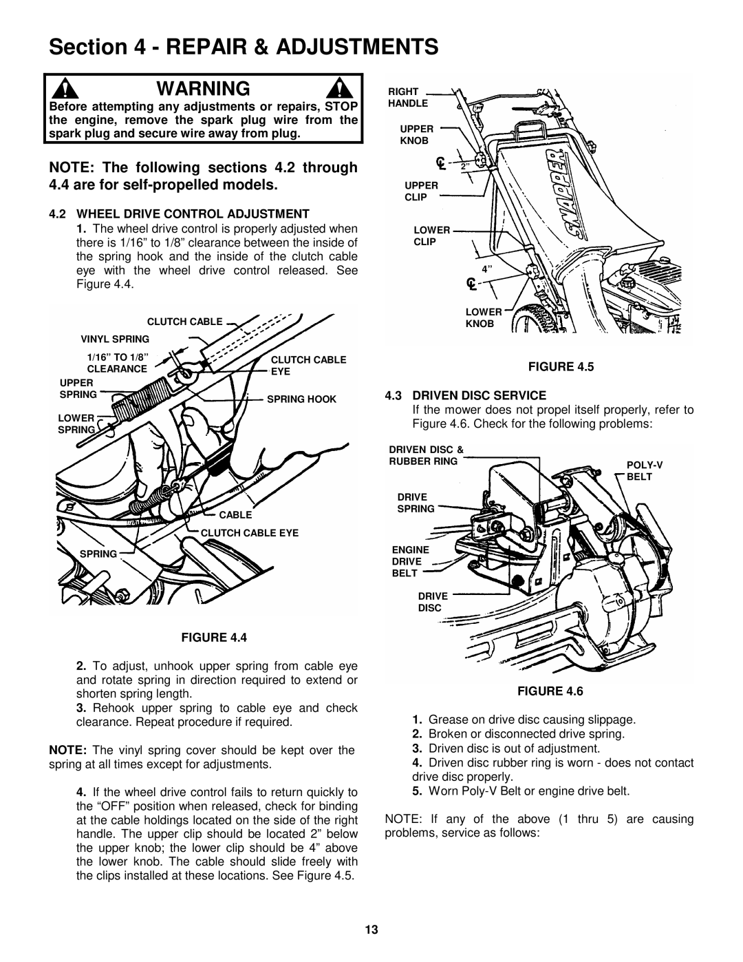 Snapper WRPS216517B, WRPS216517BE important safety instructions Wheel Drive Control Adjustment, Driven Disc Service 