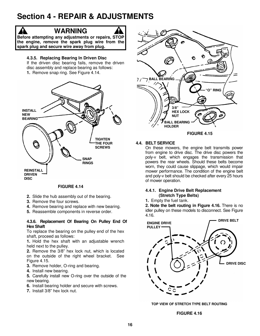 Snapper WRPS216517B, WRPS216517BE Replacement Of Bearing On Pulley End Of Hex Shaft, Belt Service 