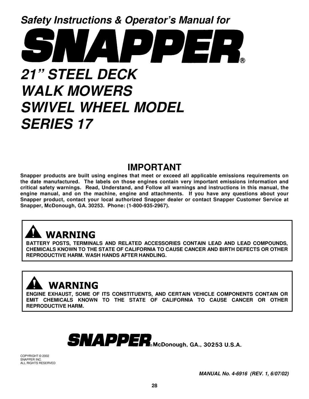 Snapper WRPS216517B, WRPS216517BE important safety instructions Steel Deck Walk Mowers Swivel Wheel Model Series 