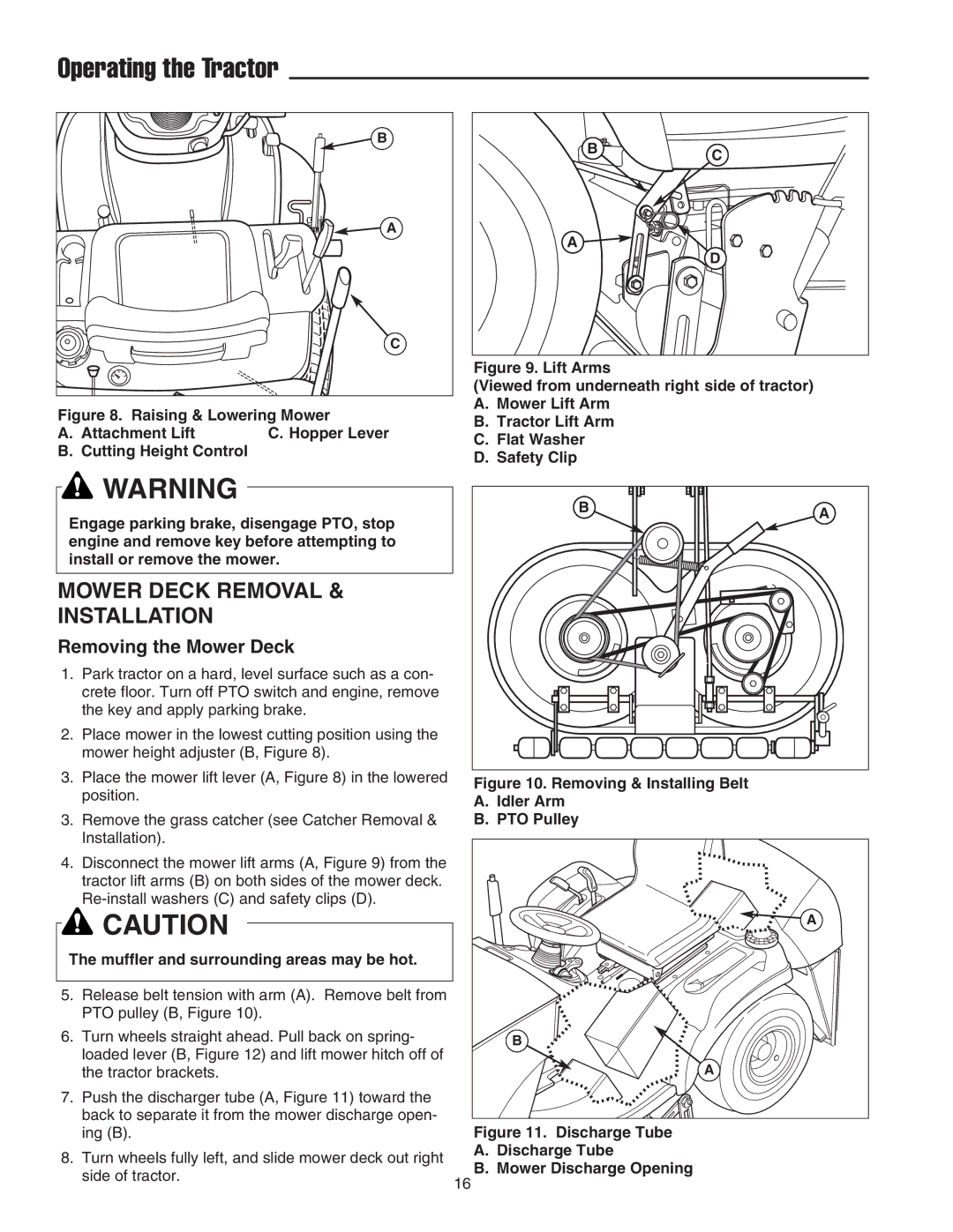 Snapper XL Series manual Mower Deck Removal Installation, Removing the Mower Deck, Muffler and surrounding areas may be hot 