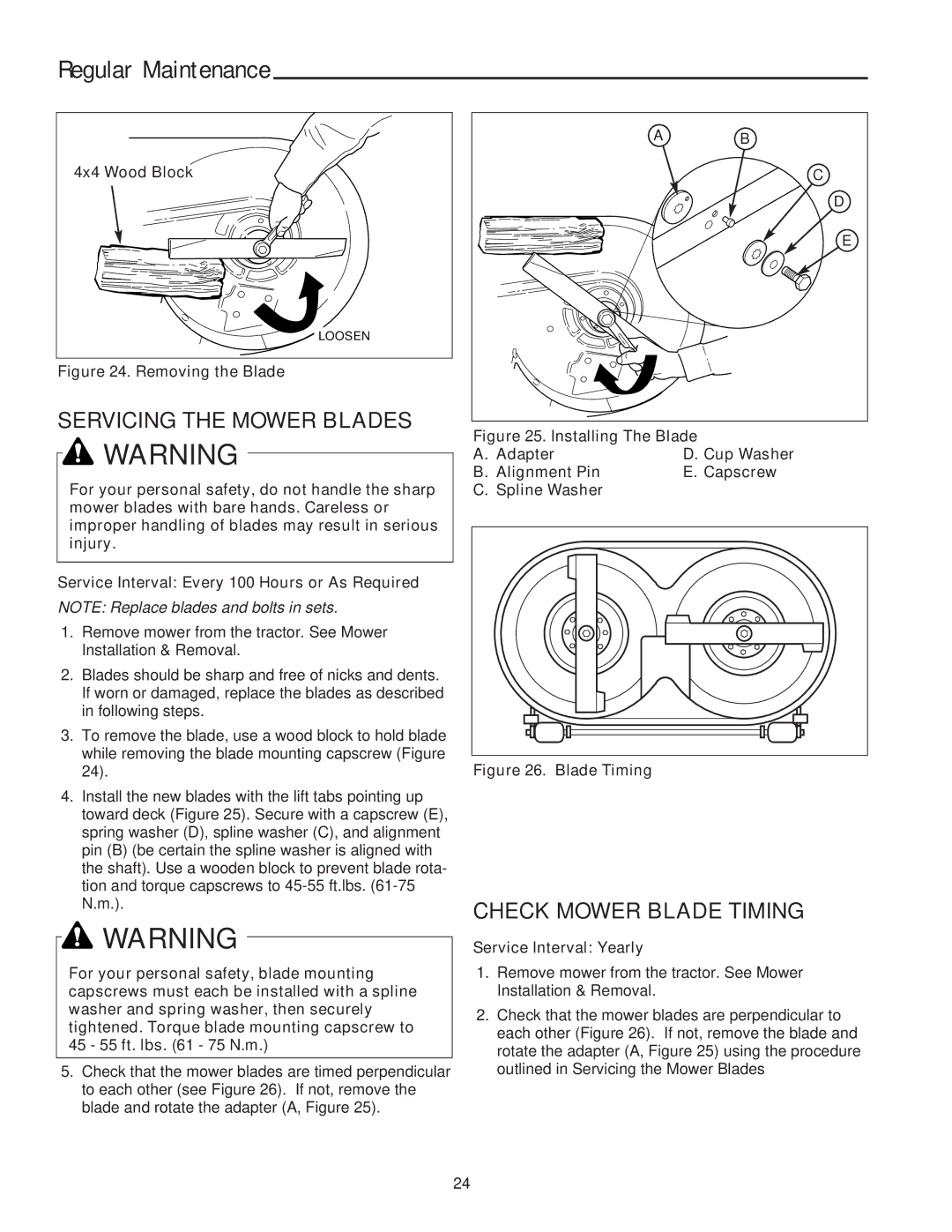 Snapper XL Series manual Servicing the Mower Blades, Check Mower Blade Timing, 4x4 Wood Block 