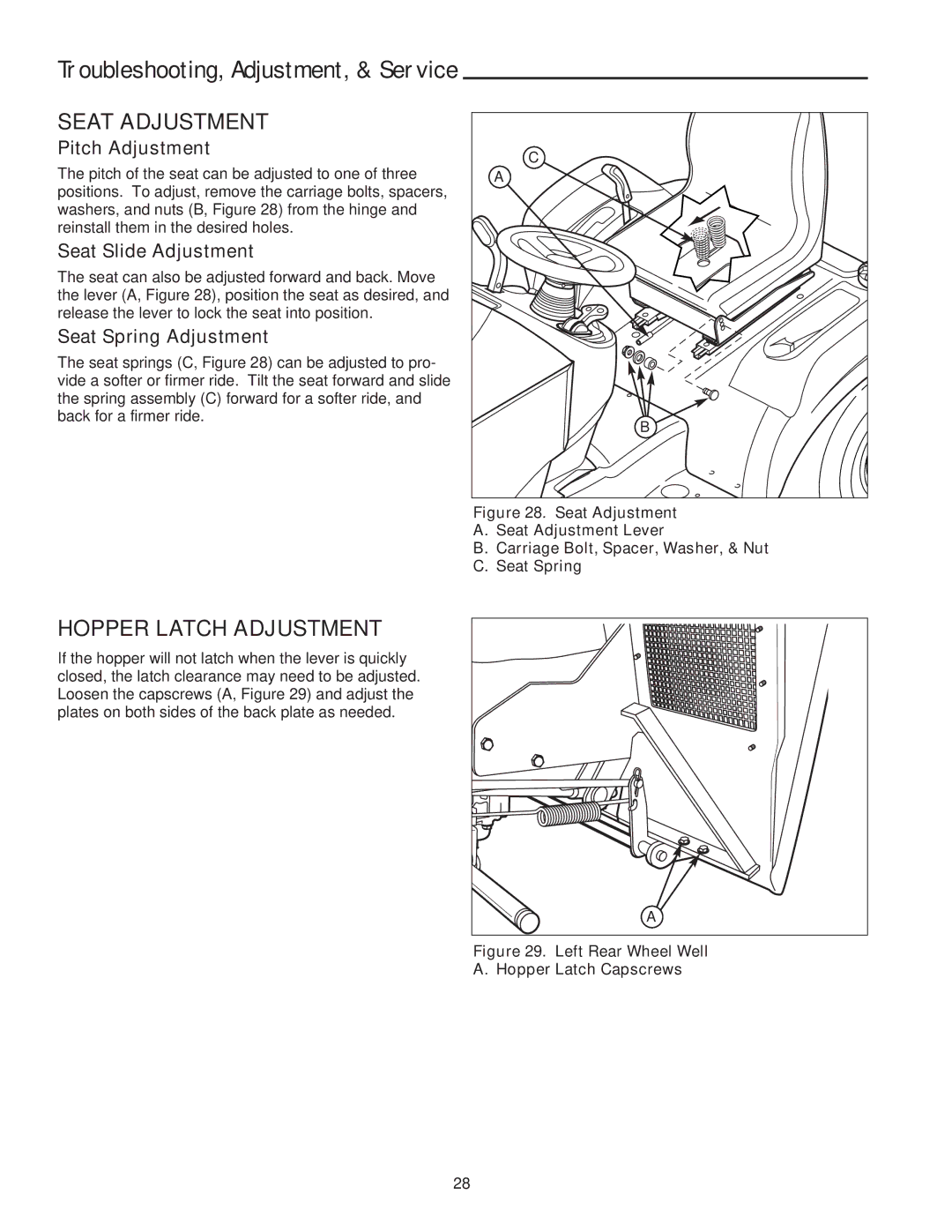 Snapper XL Series manual Seat Adjustment, Hopper Latch Adjustment, Pitch Adjustment, Seat Slide Adjustment 