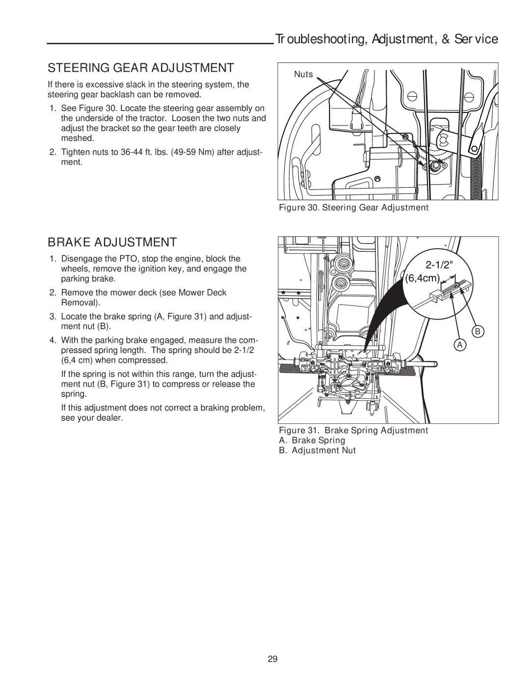 Snapper XL Series manual Steering Gear Adjustment, Brake Adjustment, Nuts, Brake Spring, Adjustment Nut 