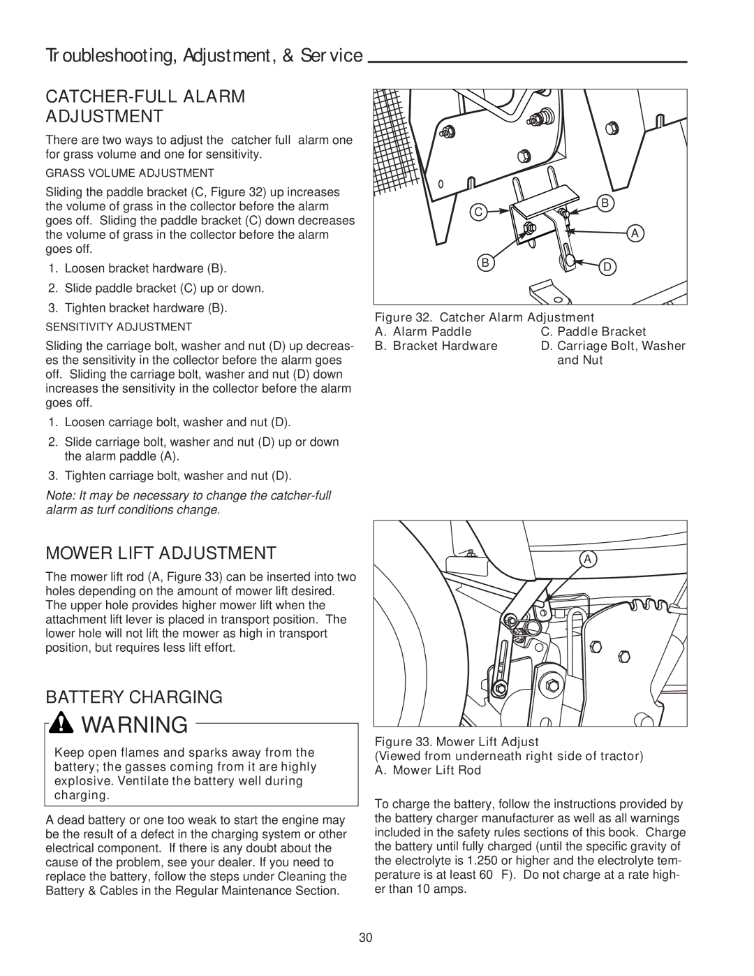 Snapper XL Series manual Troubleshooting, Adjustment, & Service, CATCHER-FULL Alarm Adjustment, Mower Lift Adjustment 