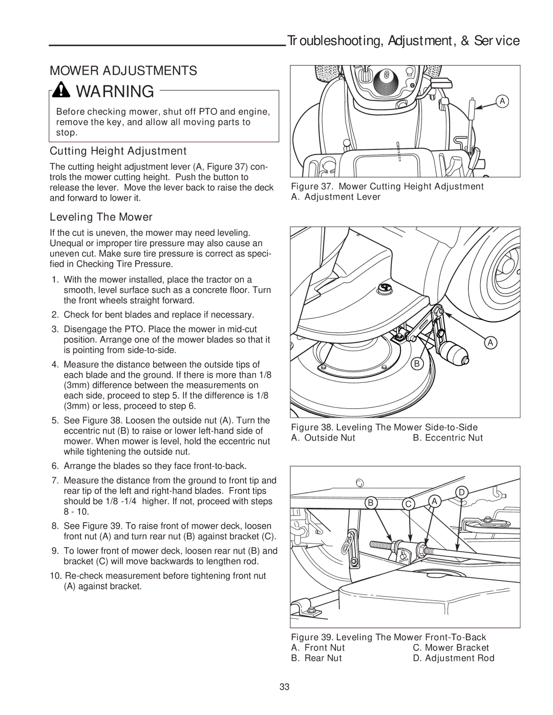 Snapper XL Series manual Mower Adjustments, Cutting Height Adjustment, Leveling The Mower 