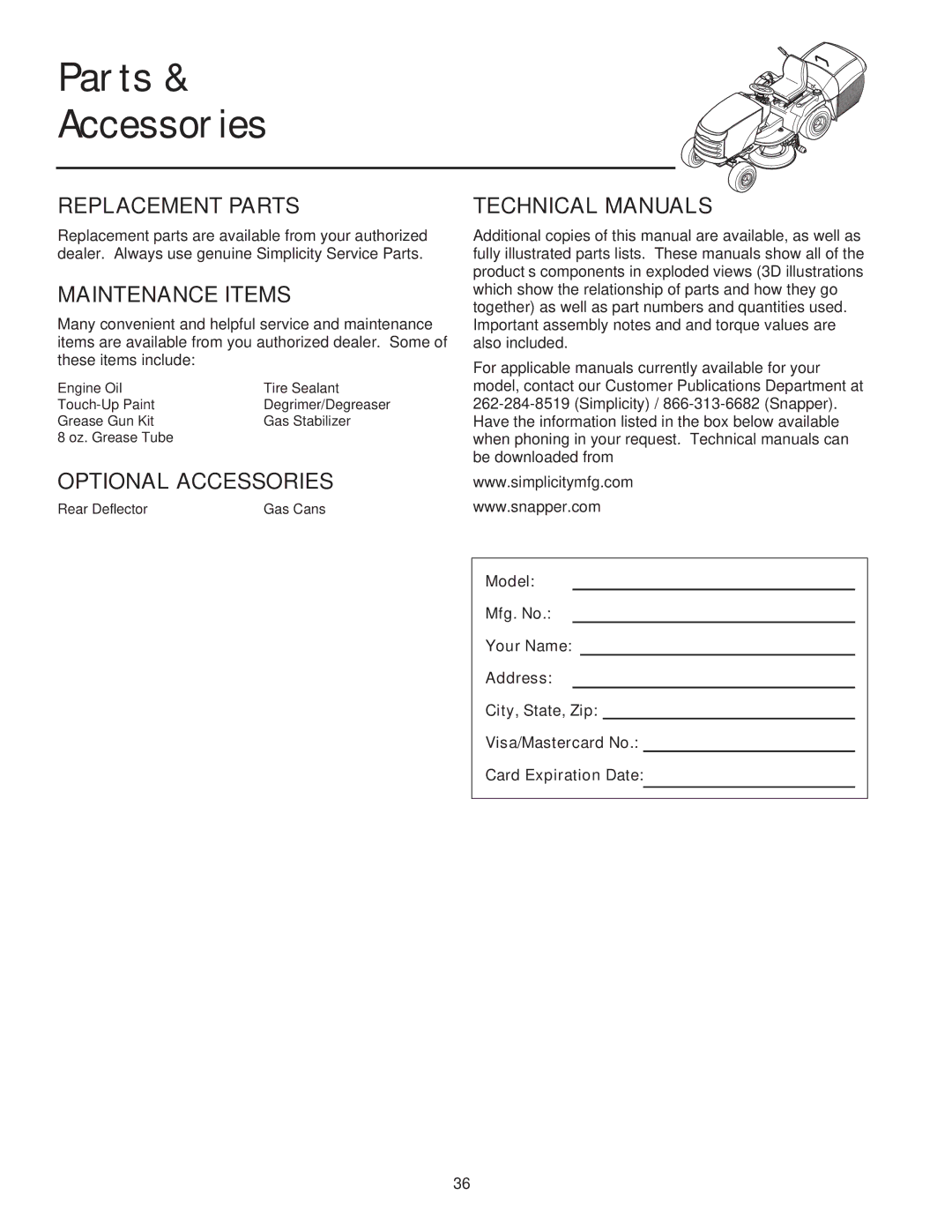 Snapper XL Series manual Replacement Parts, Maintenance Items, Technical Manuals, Optional Accessories 