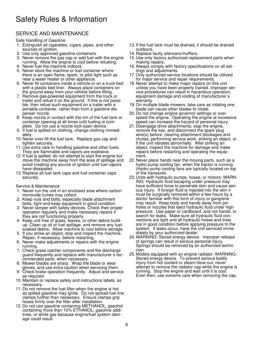 Snapper XL Series manual Safe Handling of Gasoline, Service & Maintenance 