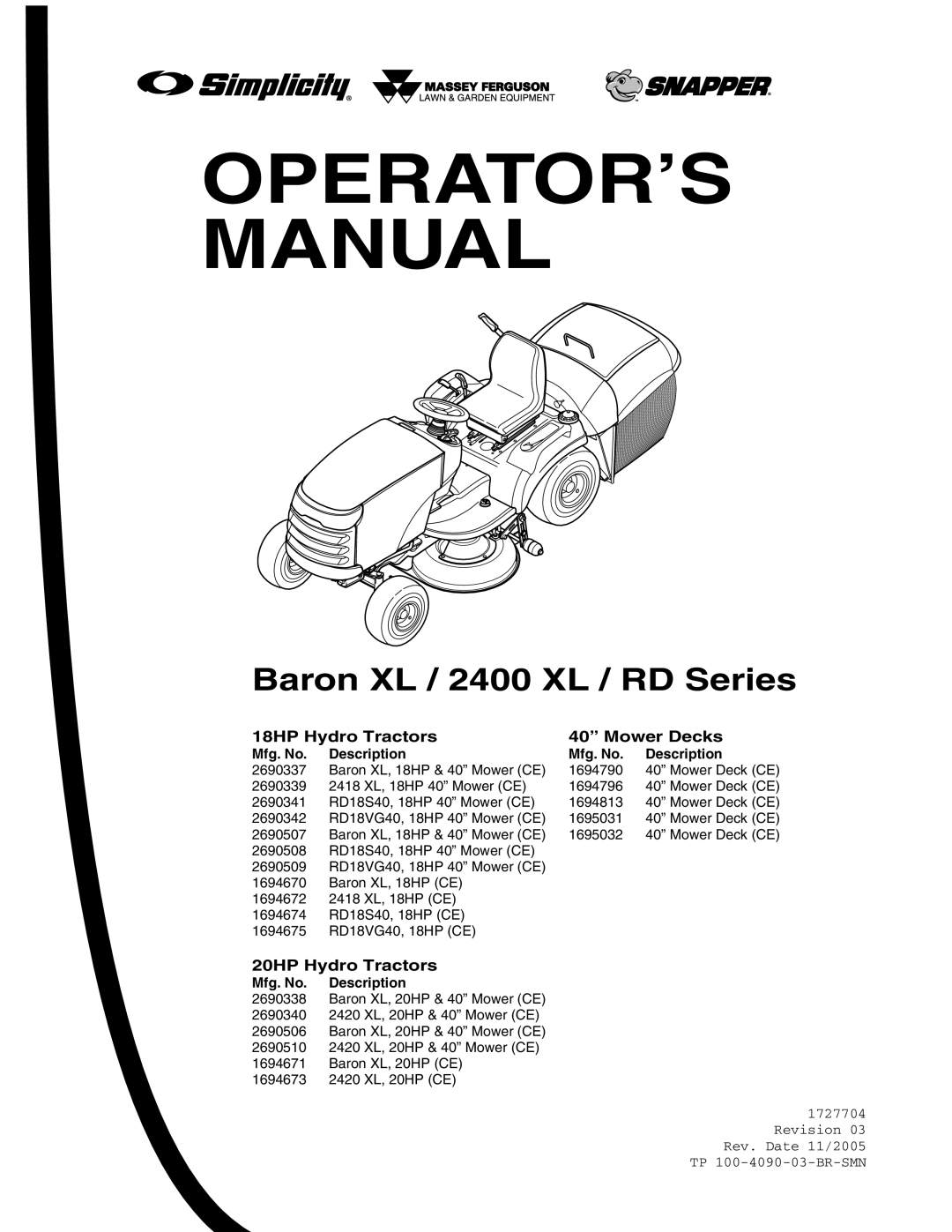 Snapper XL Series manual Operator’S Manual, Baron XL / 2400 XL / RD Series, Mfg. No, Description 